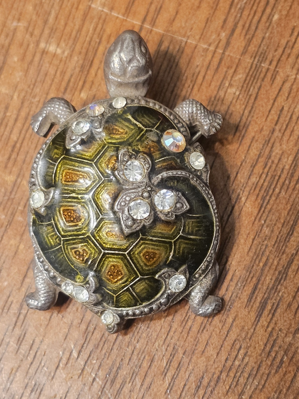 CATHERINE POPESCO FRANCE GREEN TURTLE INLAY ENAMEL & Rhinestones PEWTER BROOCH