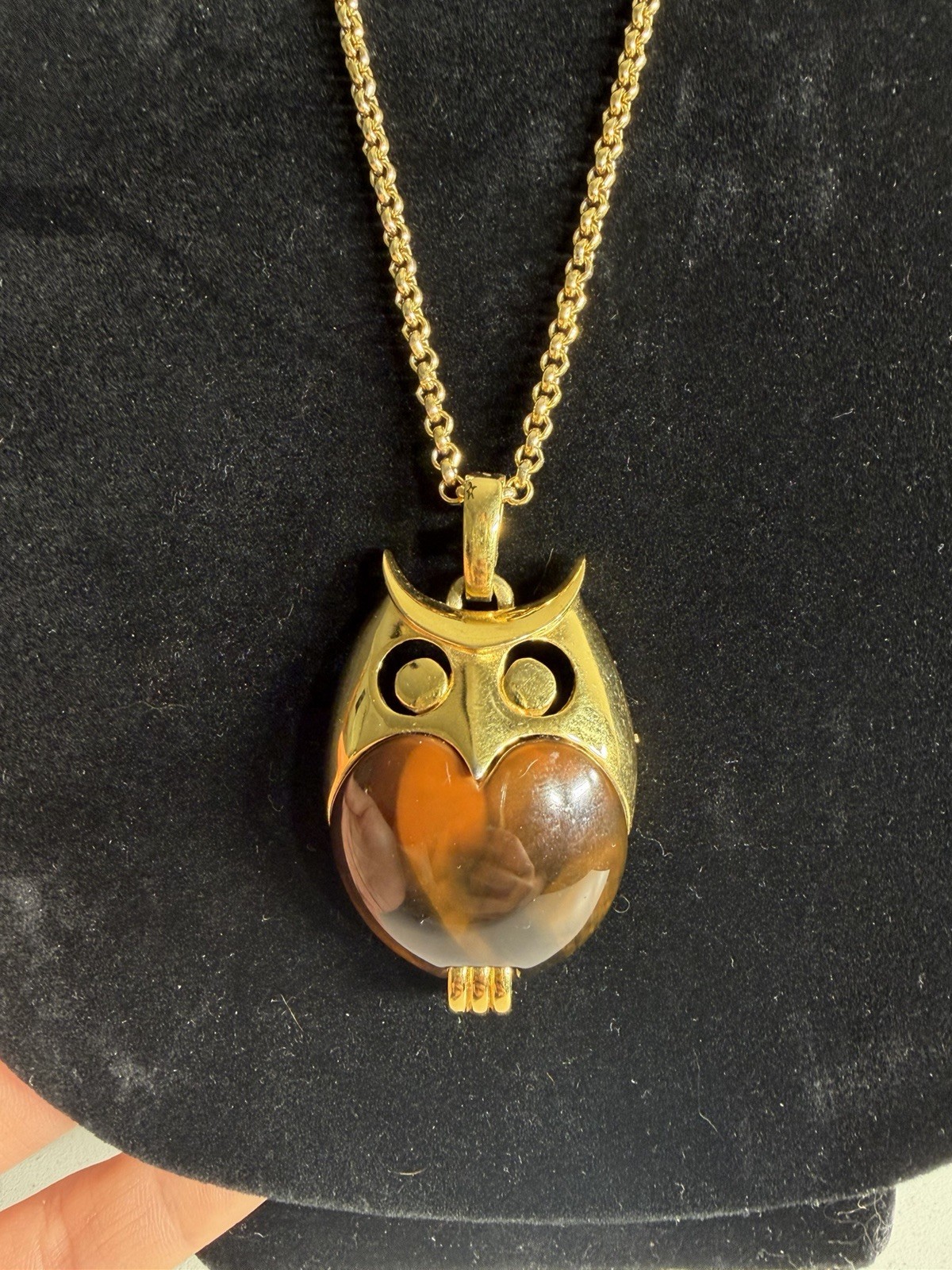 Vintage Crown Trifari Owl Pendant Necklace on 32” 1928 Gold Tone Chain