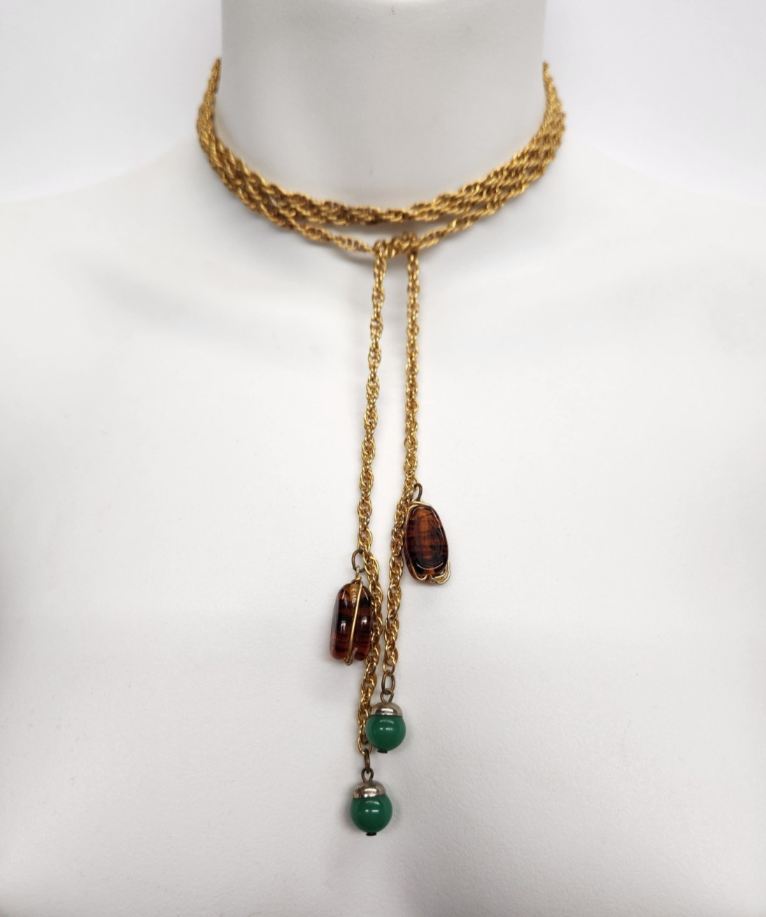 VTG Long Gold Tone Faux Agate & Chrysophase Beads Convertable Lariat Necklace