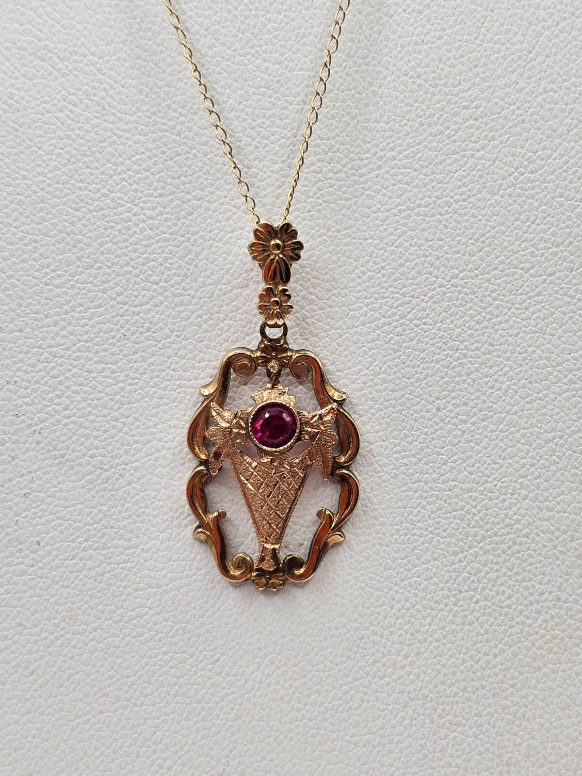 Antique 10k gold garnet Emco lavalier style pendant necklace art deco floral