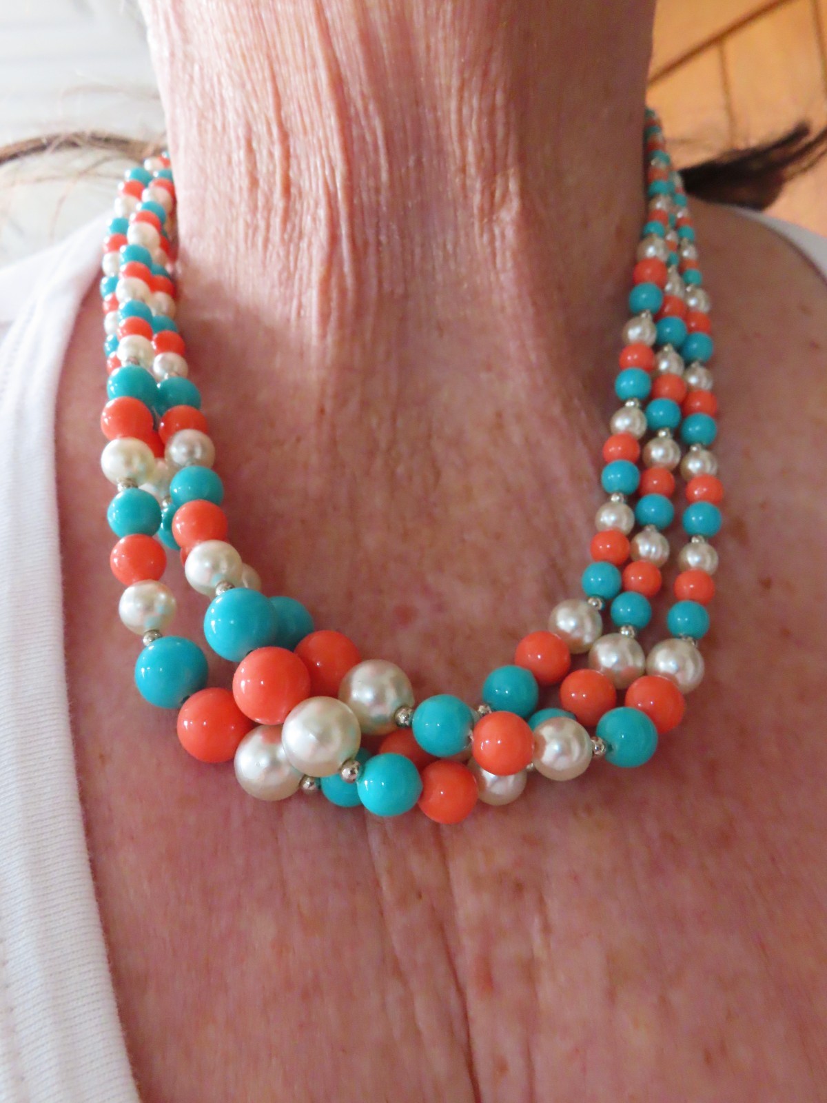 Authentic 1960’s Faux Pearl Faux Turquoise & Faux Coral Bead Necklace