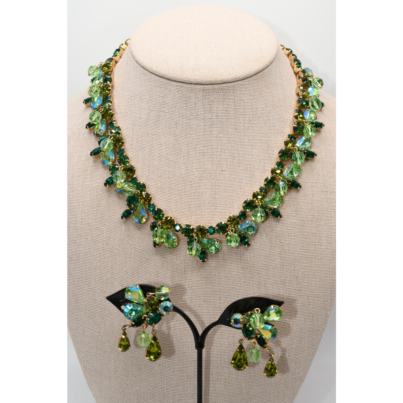Vintage Kramer Green Rhinestone Necklace Earring Set Gold Tone AB Dangles