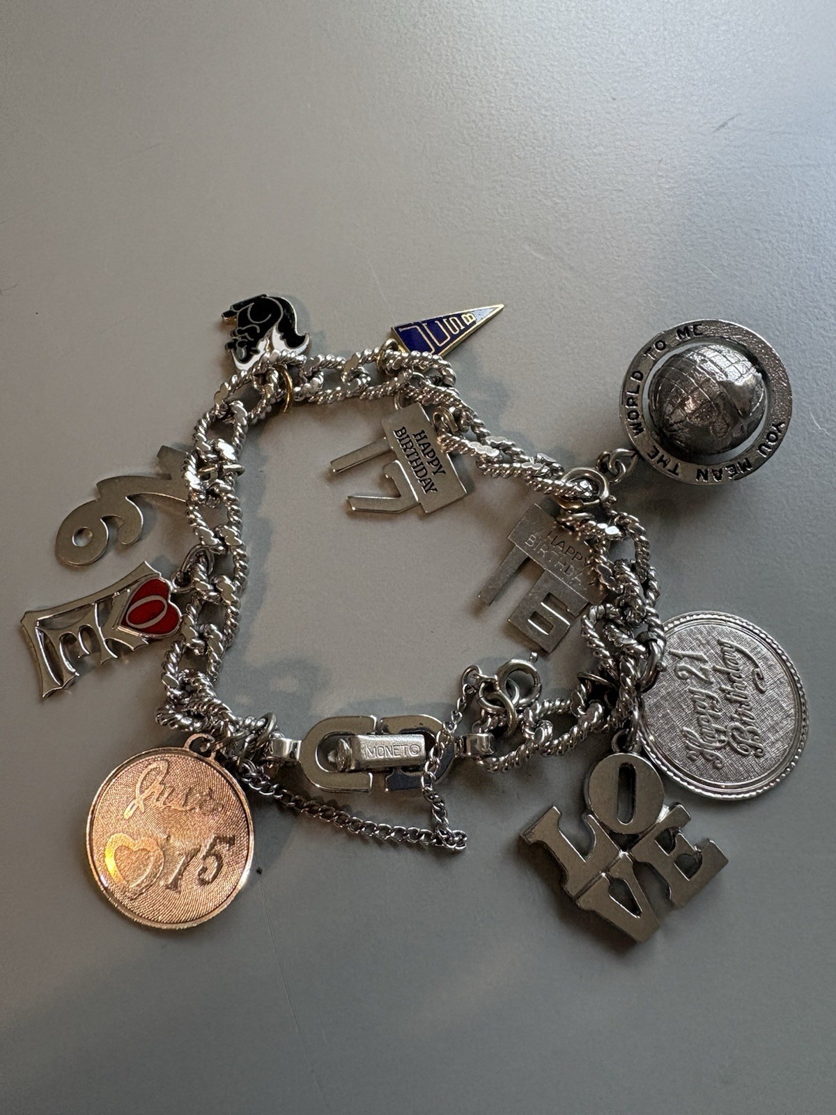 VTG Monet Sterling Charm Bracelet with Happy Birthday Charms,76 & Globe Charm