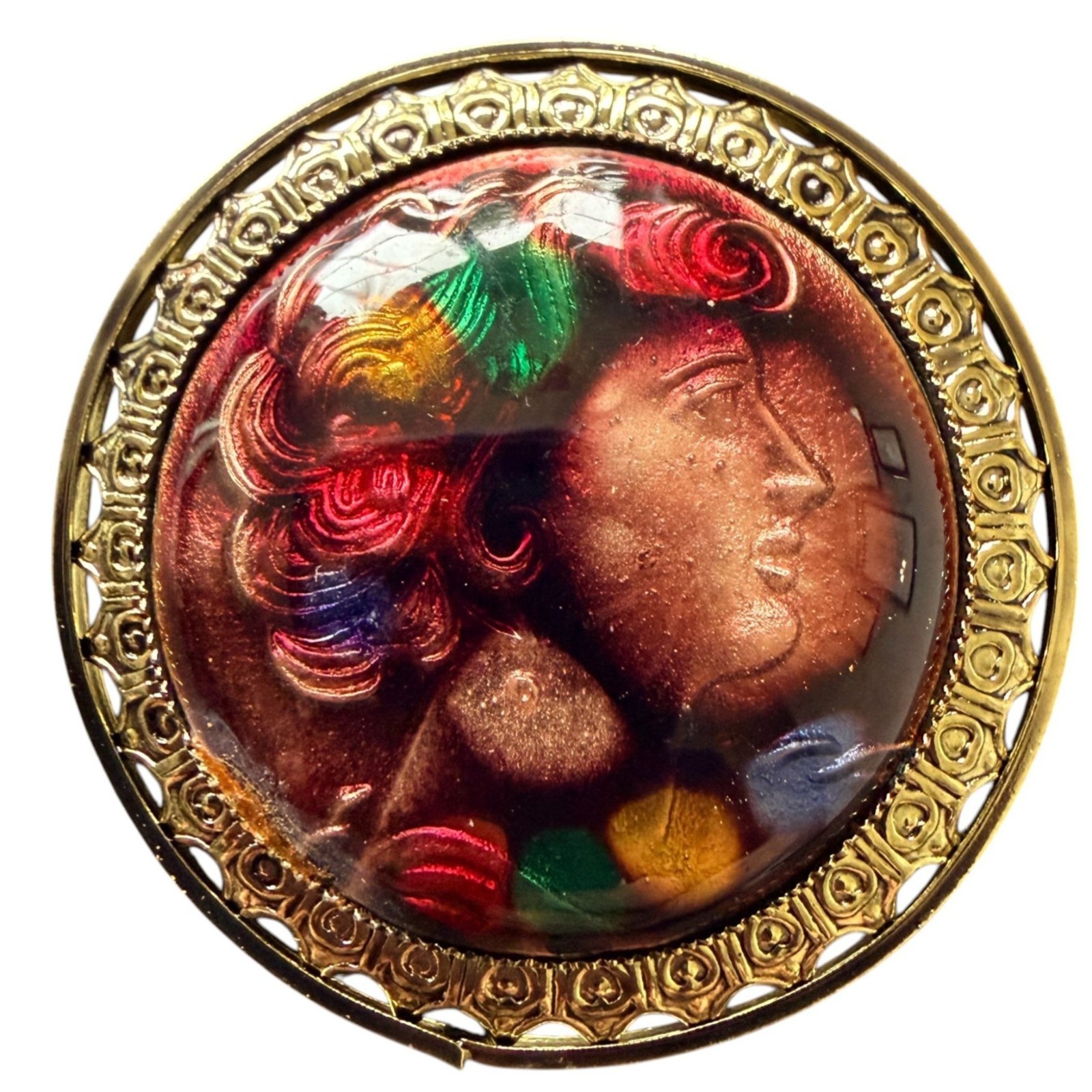 Vintage 1950s Reverse Carved Lucite Renaissance Lady Brooch New Old Stock