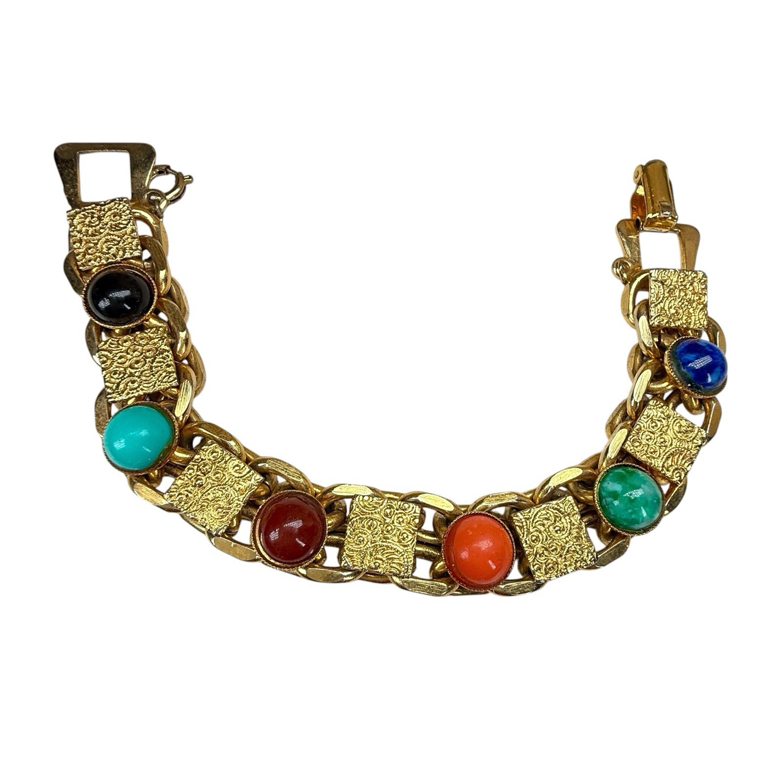 Vintage MCM Etruscan Revival Multi Color Cabochon Book Chain Bracelet 6.25″