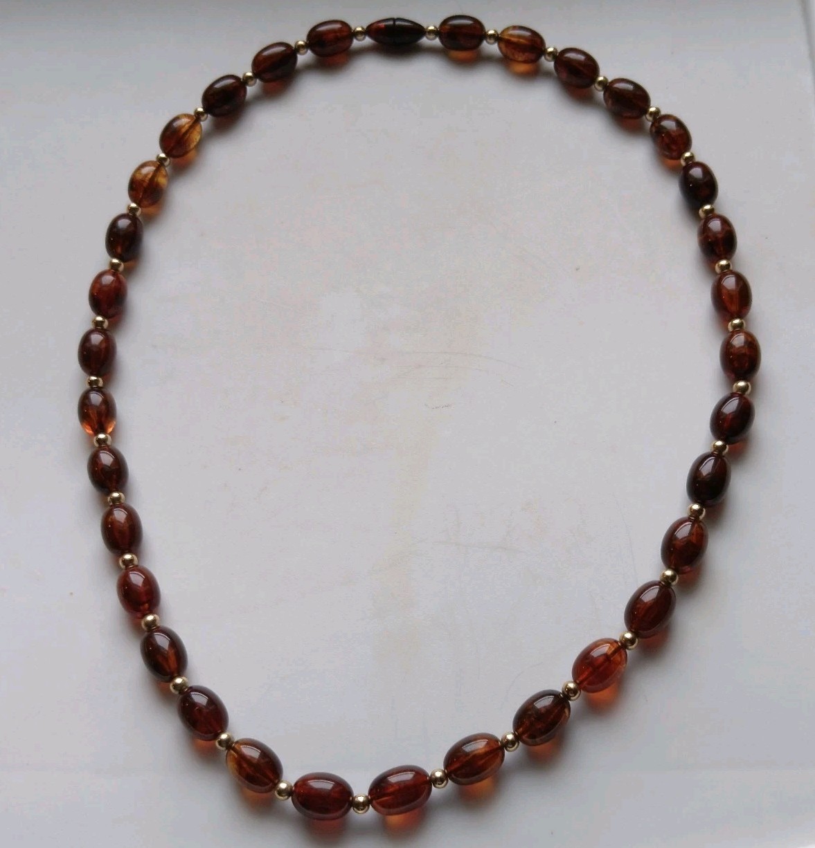 Vtg Mid-Century Faux Amber Lucite Necklace Statement Rootbeer Barrel 24″ 30g