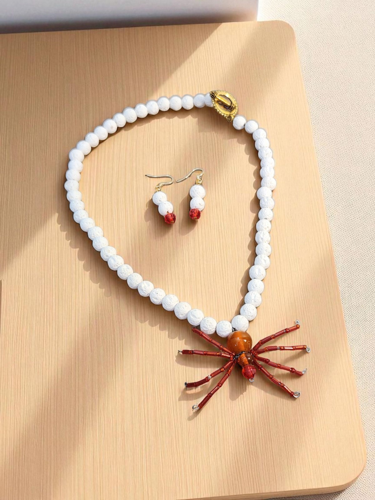 Vintage Spider Pendant Bleached Lava Beaded Necklace 17″ & Matching Earrings