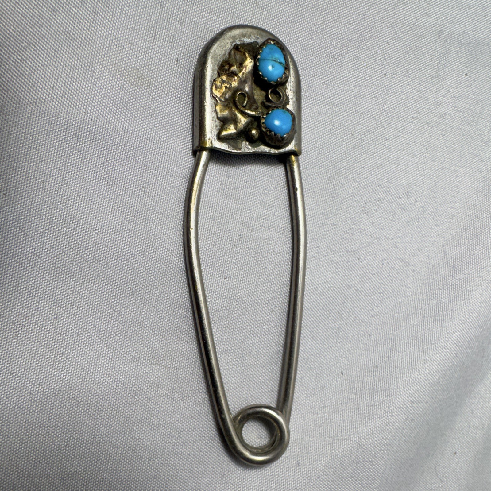 Silver Tone Safety Pin Pin w/ 2 Round Blue Stones 3.5 in Unisex Adults