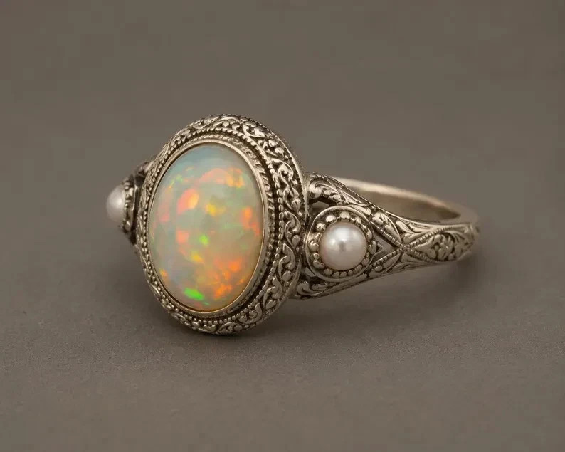 Vintage Ethiopian Opal Ring Pearl Side Stone Antique Engraved Ring