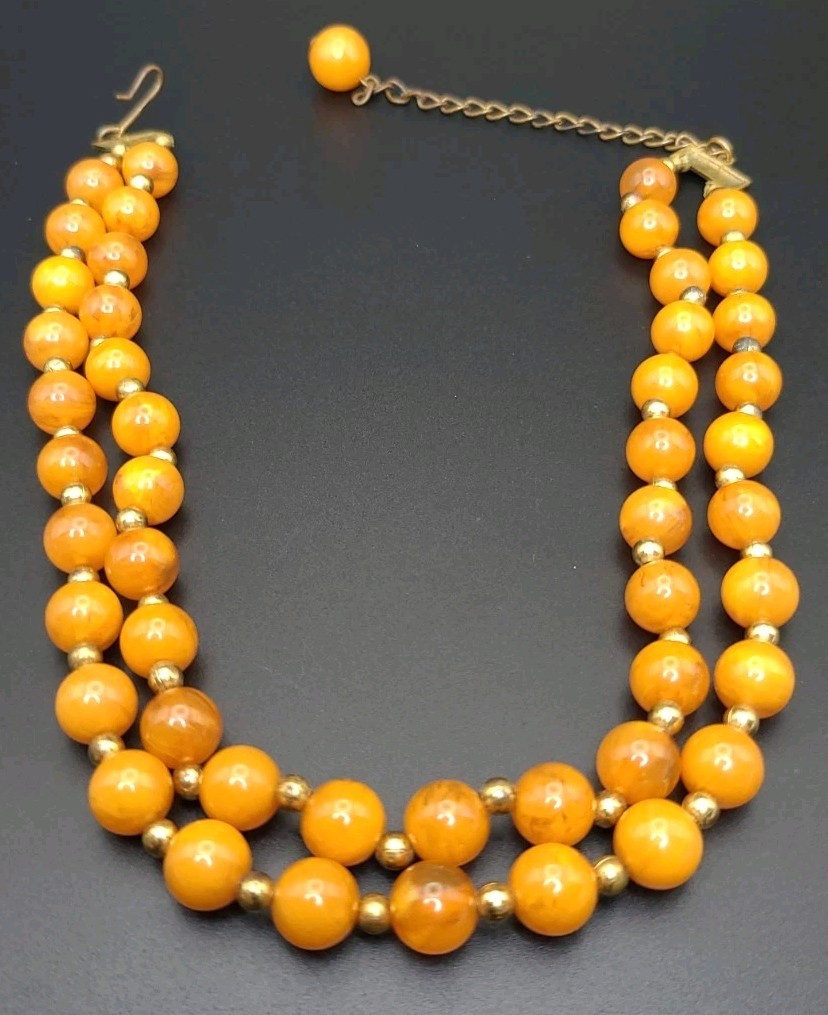 Vintage Tested Bakelite Butterscotch Double Strand Bead Necklace 16″