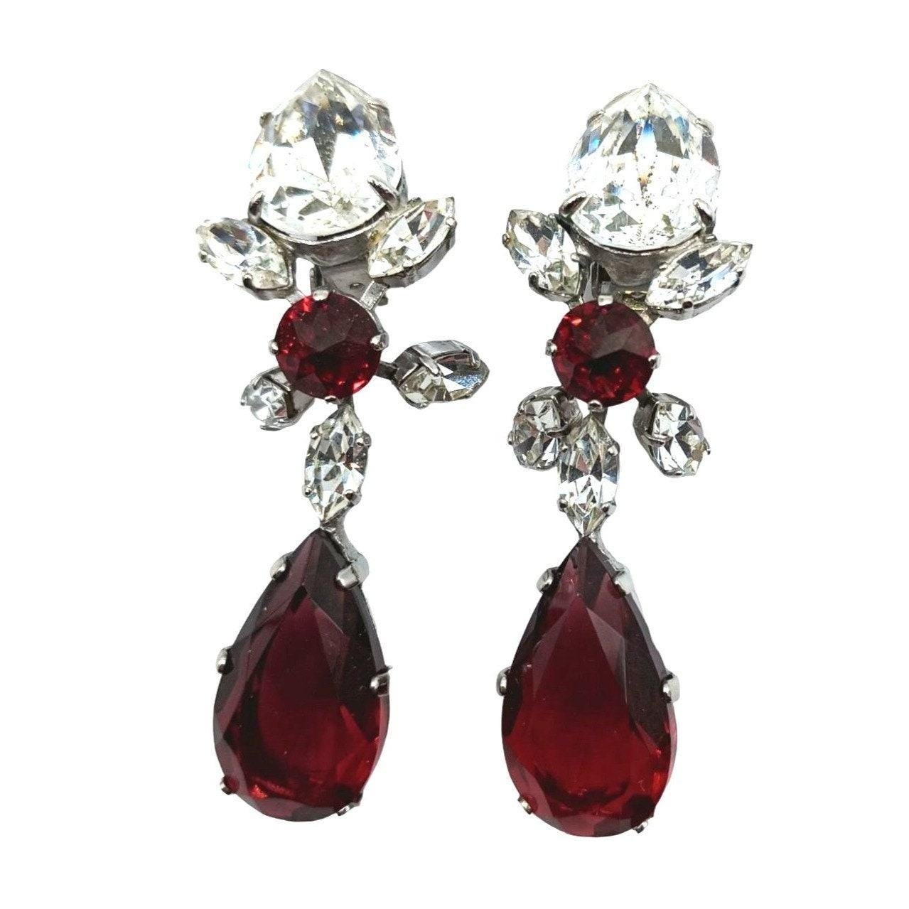 Schreiner Vintage Rhinestone Clip On Dangle Earrings Women Red Silver Tone