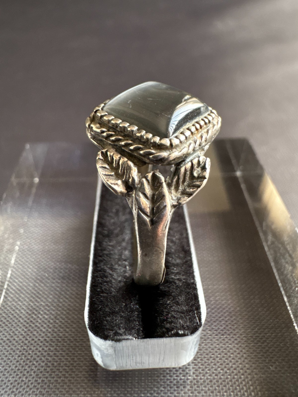 Vintage Silver Dark Grey Cat’s Eye Ring Handcrafted Ring Size 8 US