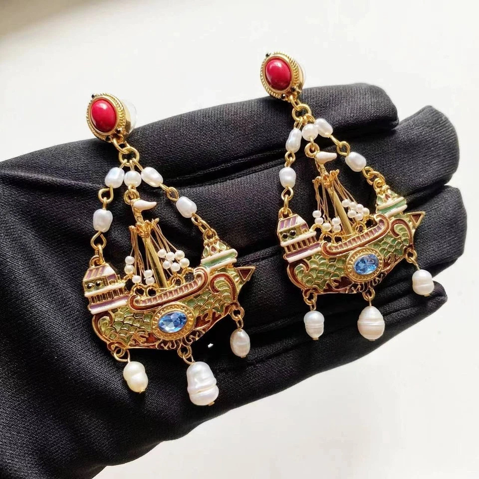 Genuine Vintage Pearl Sailboat Dangle Earrings French Court Gold Enamel Luxury