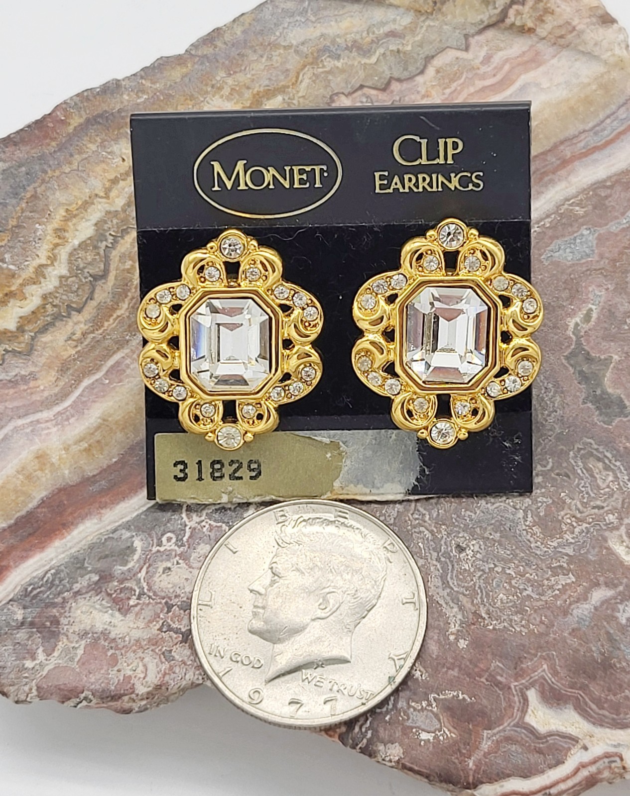 Monet costume clip on earrings, Etruscan look, clear crystal, on card, unused
