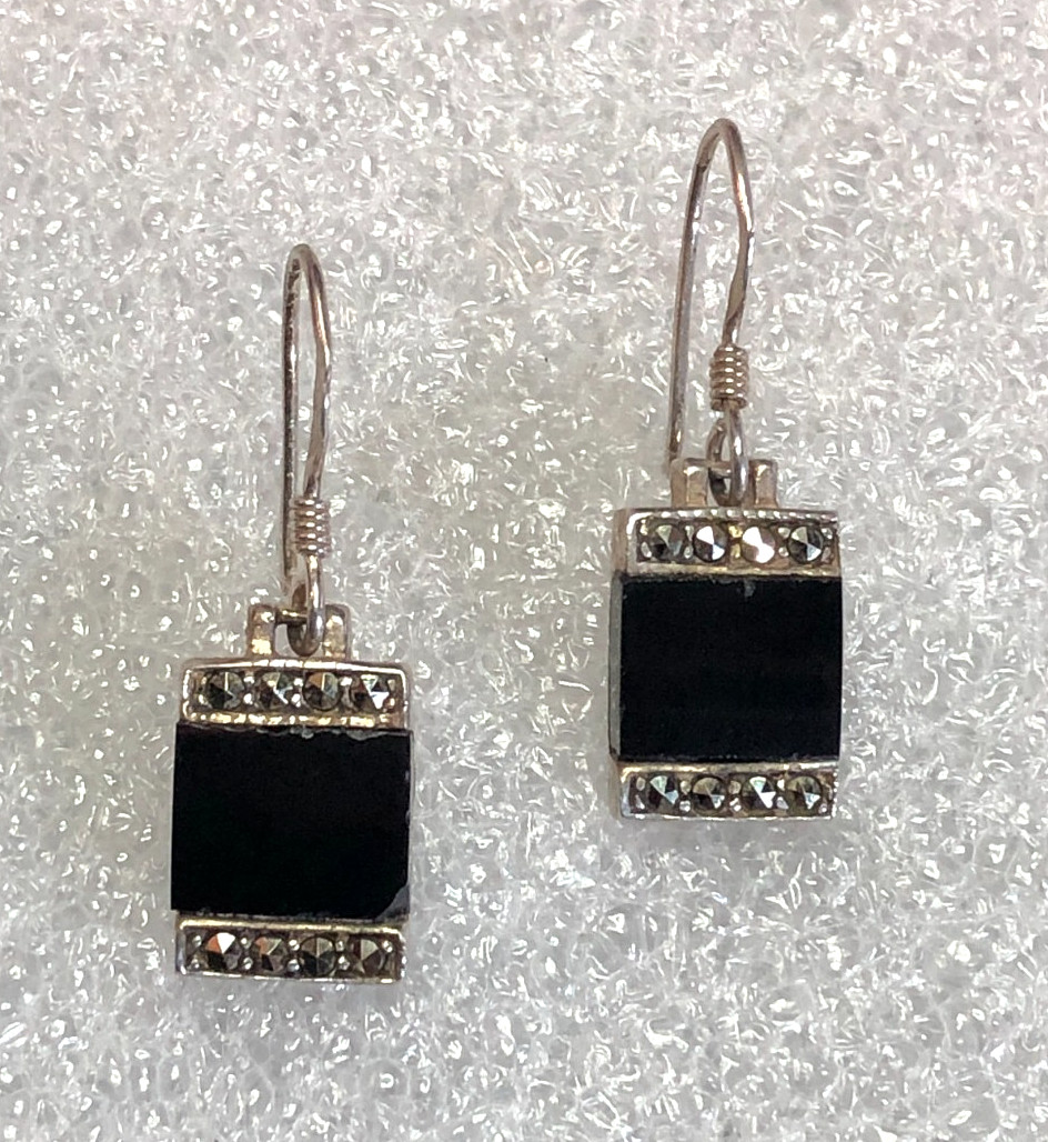 Vintage Sterling Silver Black Onyx Marcasite Dangle Earrings 925 Square 1″ 7806