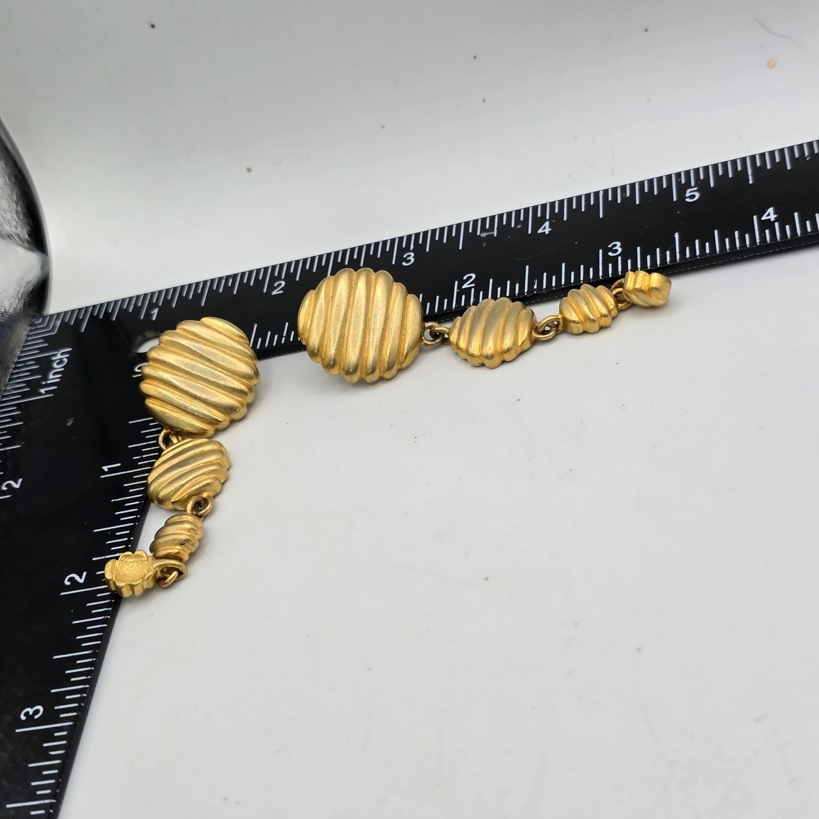Pierced Earrings Ribbed Design Drop Flattened Dome Bead Gold Tone SKU 2484