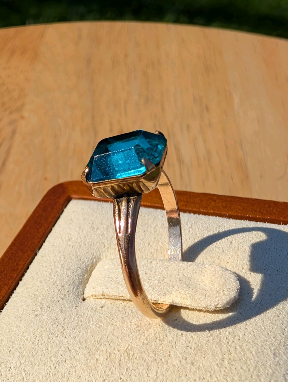 Vintage Teal Emerald Cut Statement Ring Sz 7.5 Art Deco Style Rolled Gold Plated