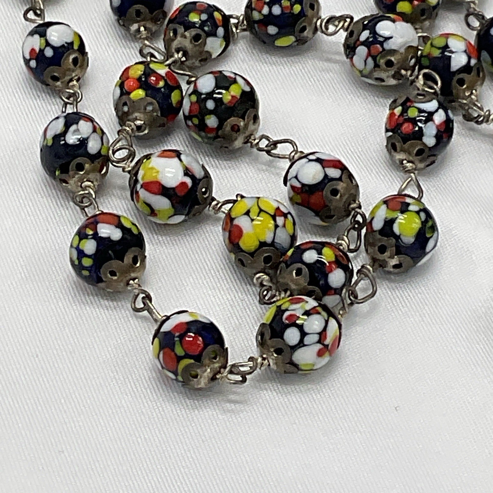Vintage Millefiori Glass Bead Necklace Murano Style Wire Linked 22” Italy READ