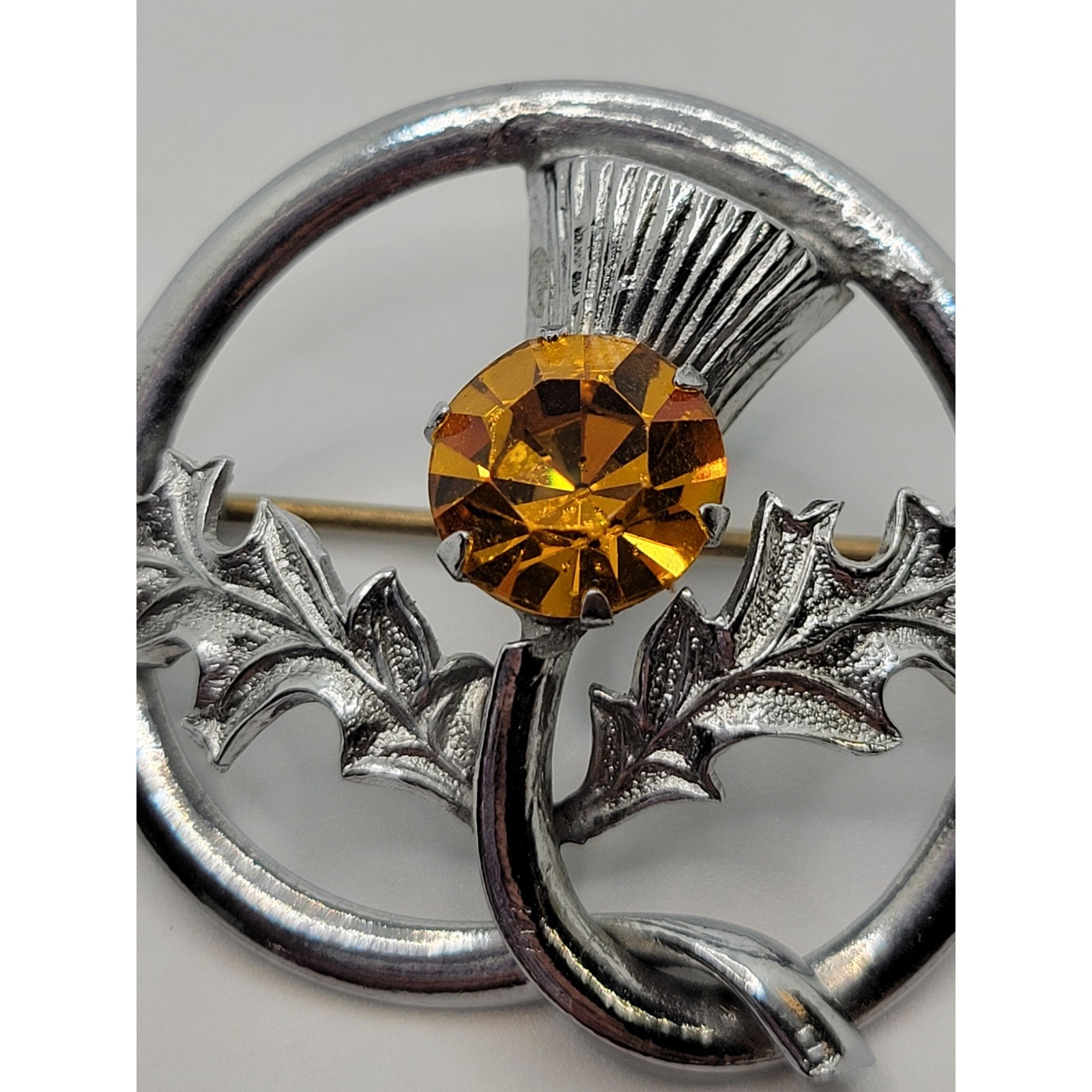 Scottish Thistle Brooch Kilt Shawl Pin Silvertone Orange Rhinestone Vintage