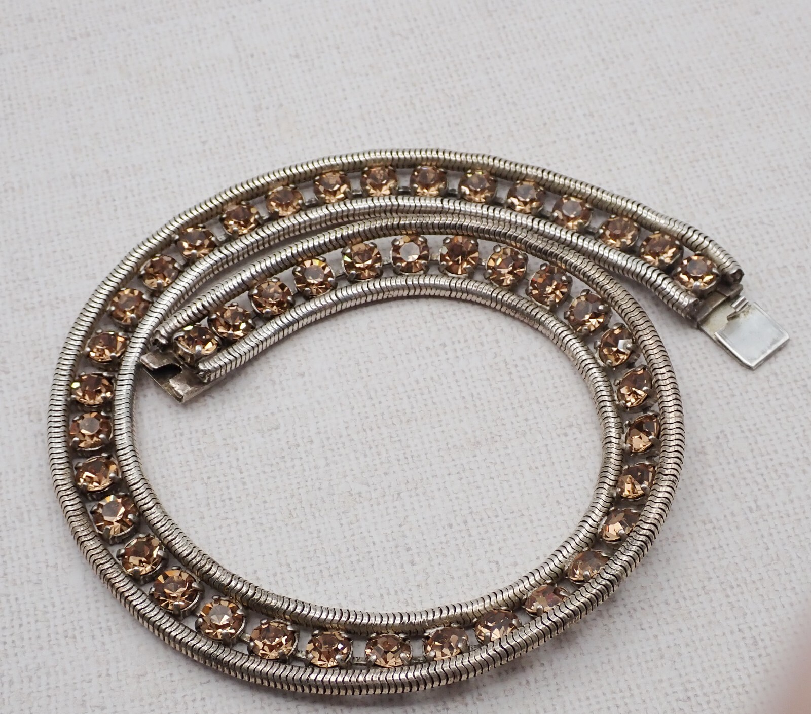 Vtg Double Snake Chain Prong Set Golden Brown Rhinestone 17″ Tennis Necklace
