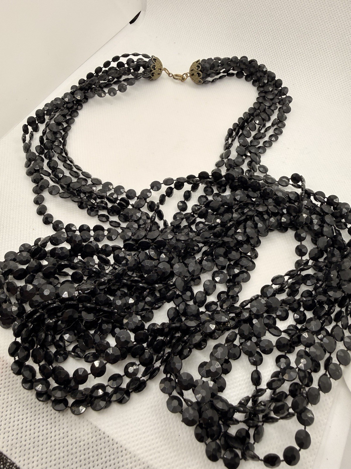 Vintage Multi Strand Black Faceted Bead Necklace Statement Bib Cascade 25 In