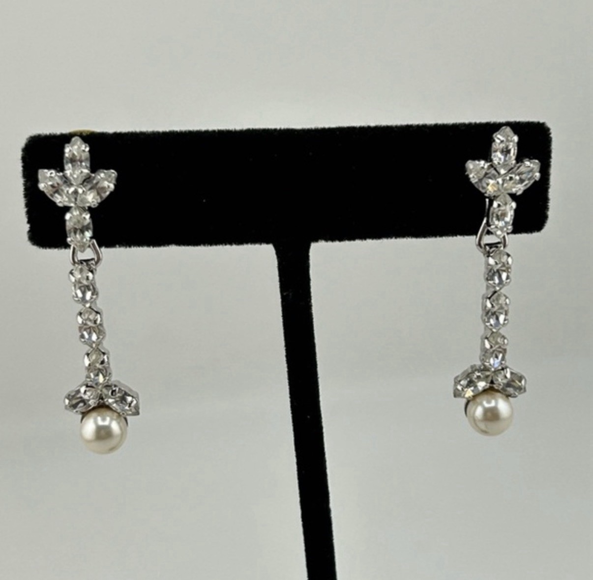 Vintage Signed Christian Dior Drop Earring Rhinestone & Faux Pearl Silver Tone