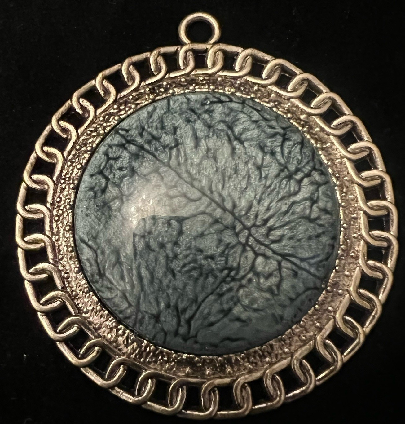 Vintage Brutalist Abstract Pendant Silver Tone Dentridic Stone Look Medallion 3”