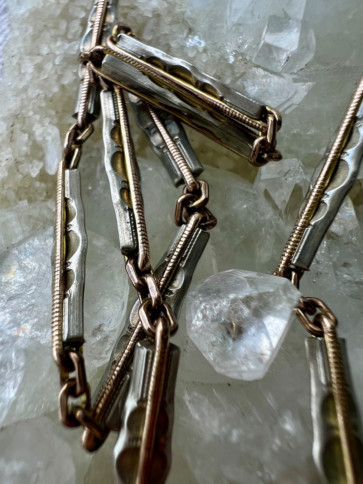 Art Deco 12K Gold Filled Two Tone Bar Link Watch Chain 14″ Swivel Dog Clip