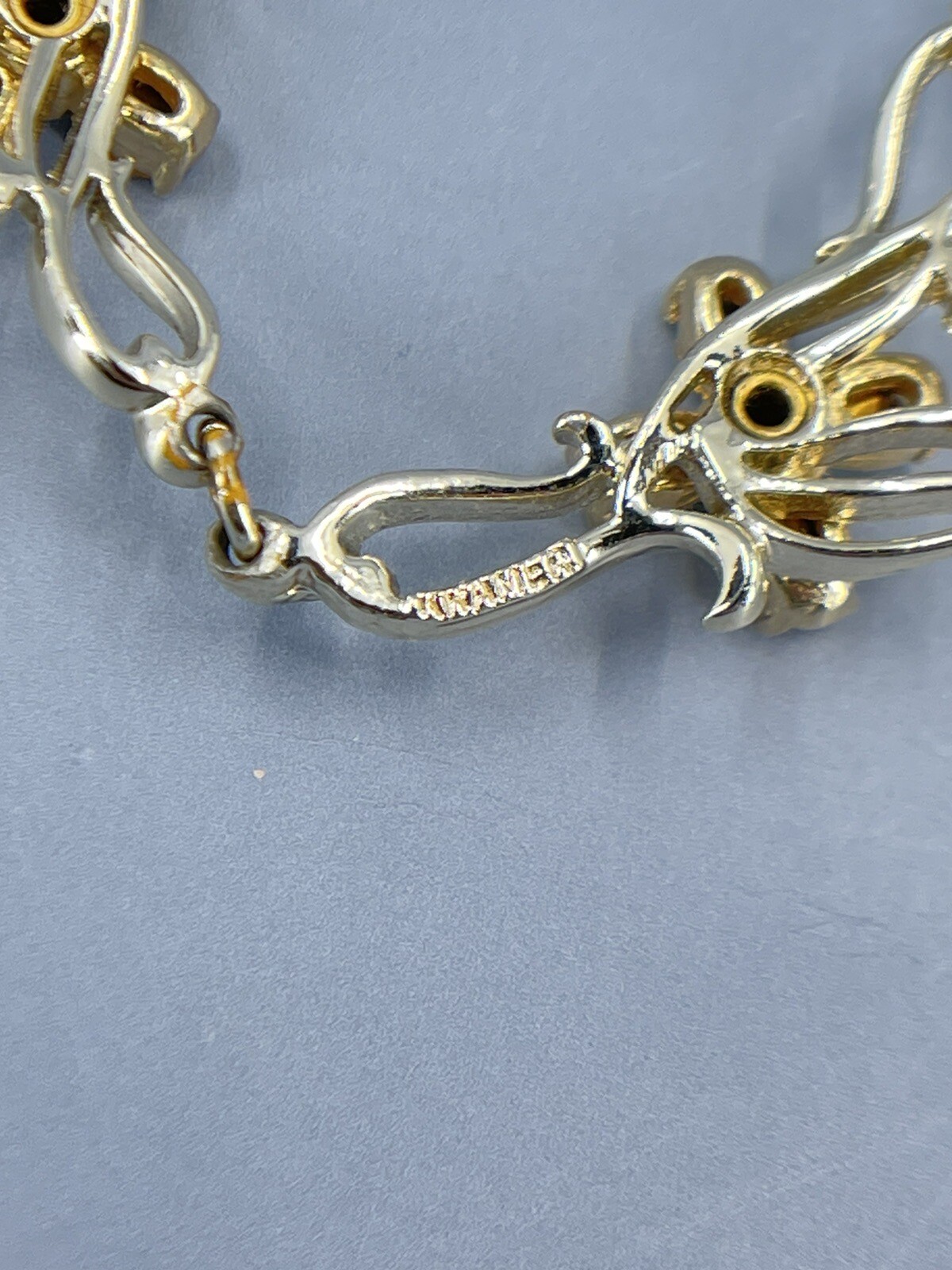 Kramer Flower Necklace Choker multi colored Rhinestones gold tone 15″