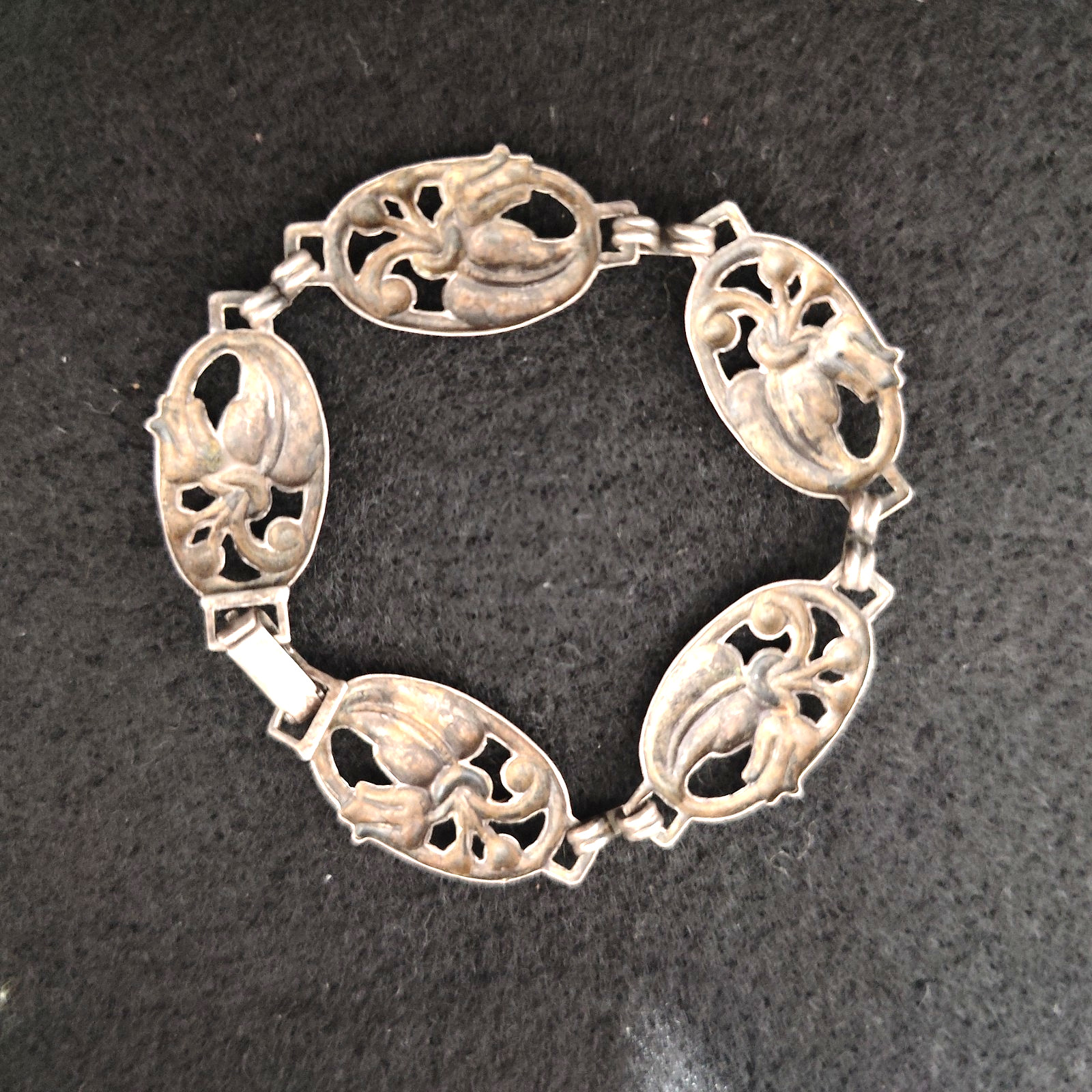 Danecraft Art Nouveau Revival Sterling Silver Signed Flower Panel Link Bracelet
