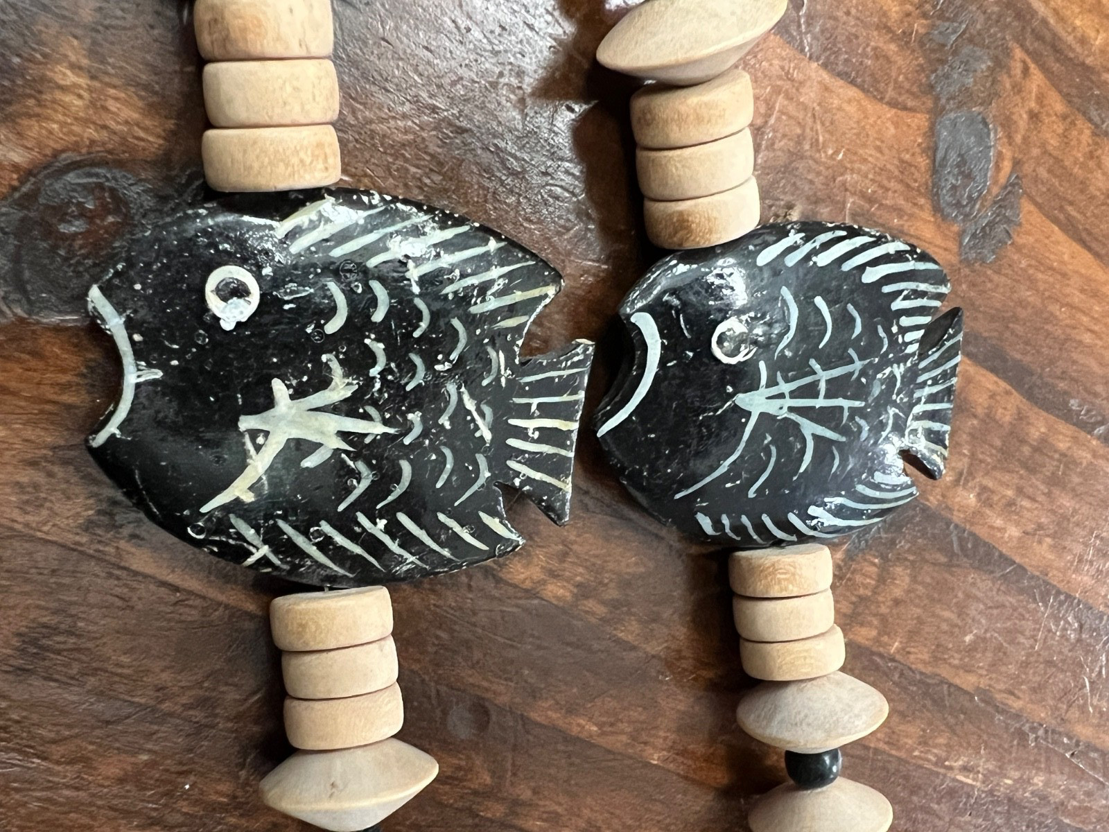 Vintage Hand Painted Fish Wood Bead Necklace Coastal Folk Art Statement 80s