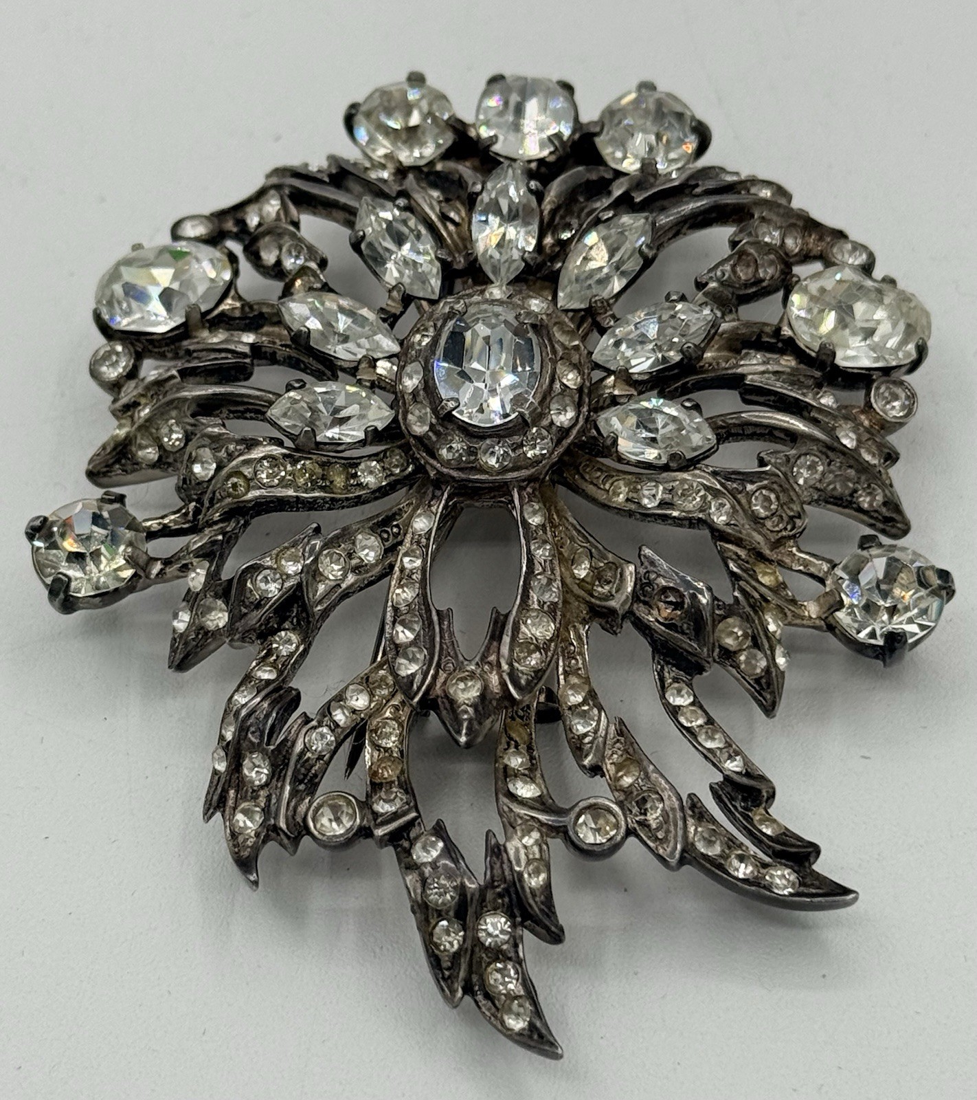 GIGANTIC 1940 Original Vintage EISENBERG Sterling silver RHINESTONE Fur Clip PIN