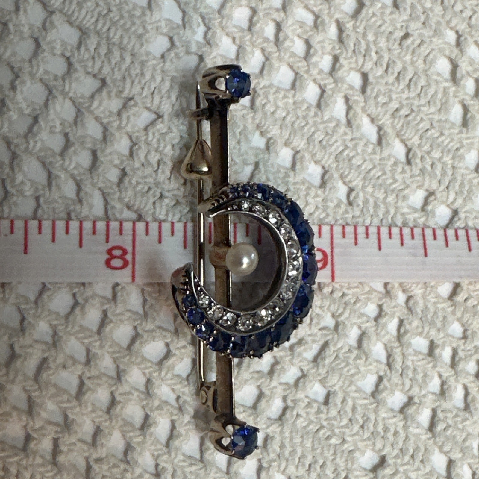 Late 19th Century MOON Sapphire, Diamond & Pearl Broach Set In 9-12k Gold w BOX