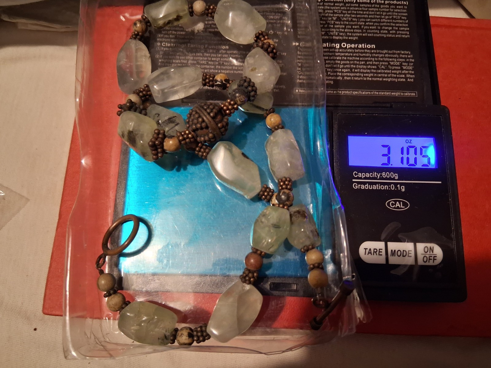 Agate Necklace 19″ Vintage Natural Moss Agate Stone Bead Necklace OVER 3 OUNCES