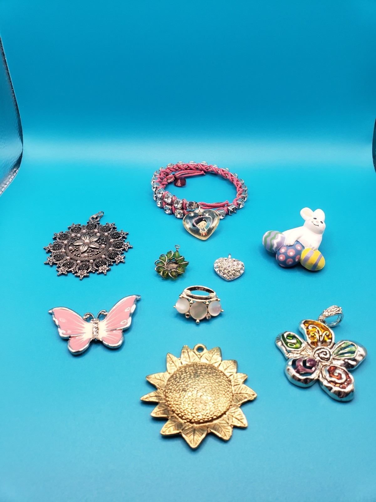Mixed Costume Jewelry Lot: Pendants, Brooches, Rhinestone Bracelet & More