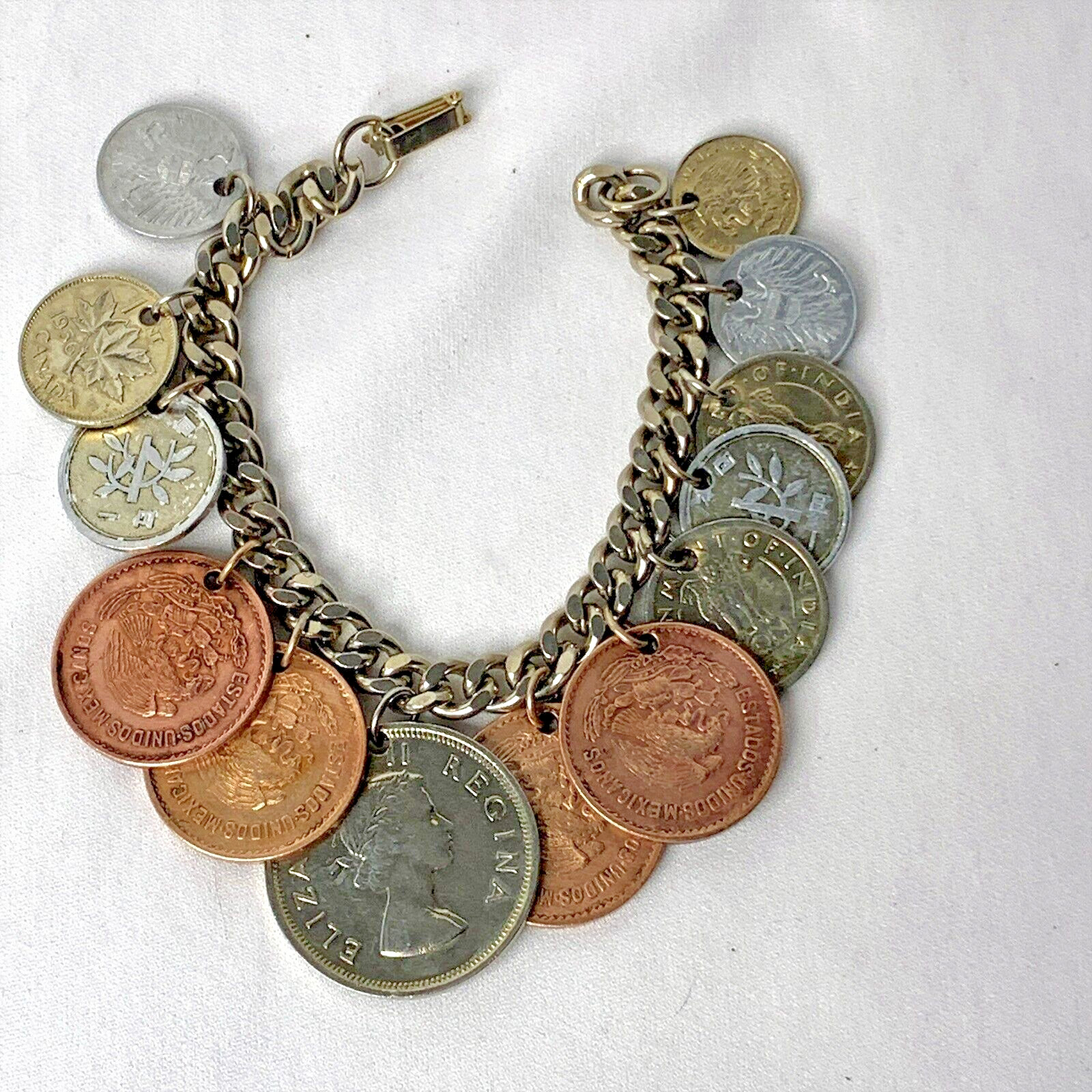 Vintage 1956 Charm Bracelet 13 Assorted Coins From Different Countries 6.5″-7″