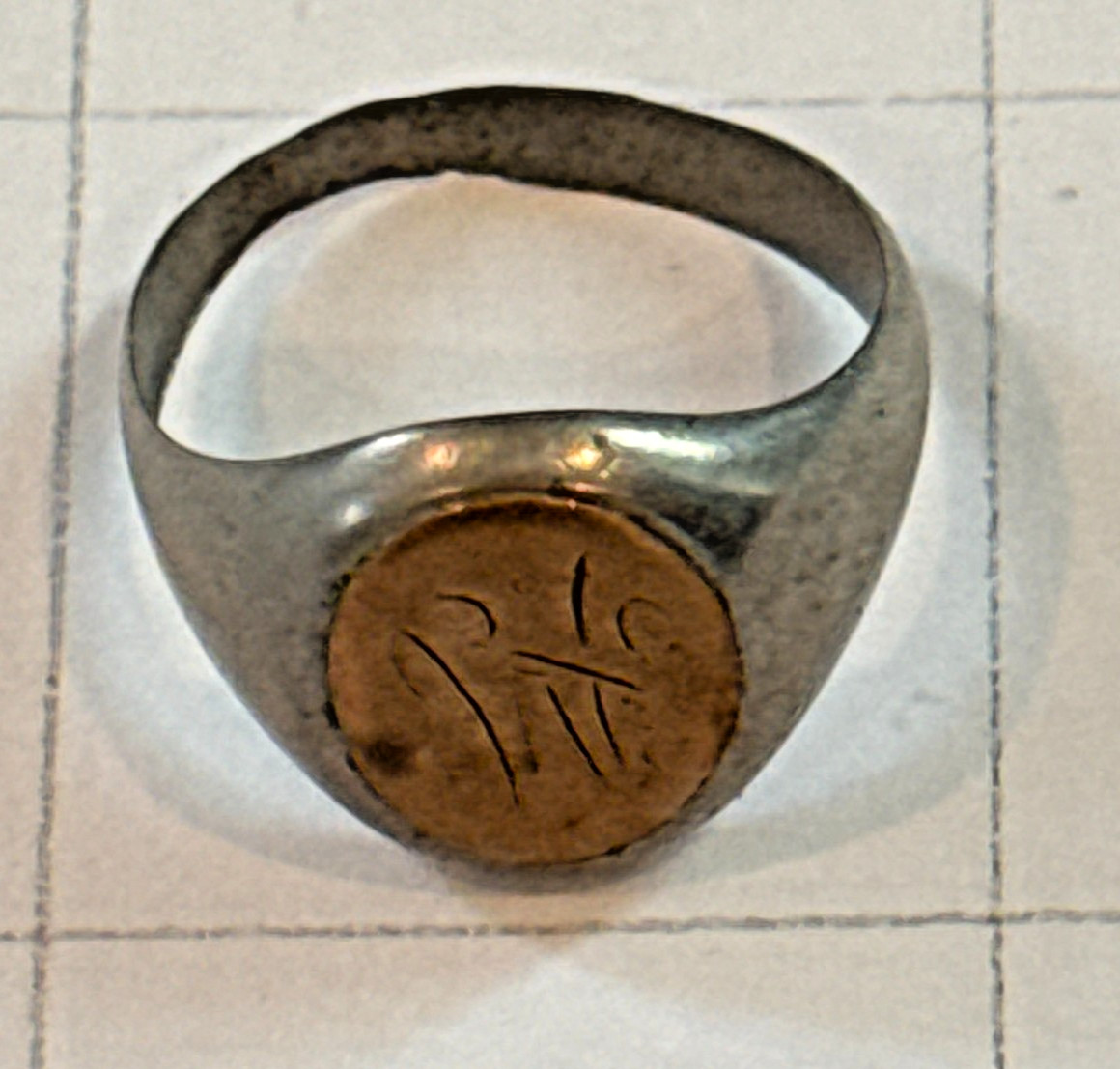 Vintage Two-Tone Signet Ring – Hand Engraved RN Monogram – Brass Insert & Nickel