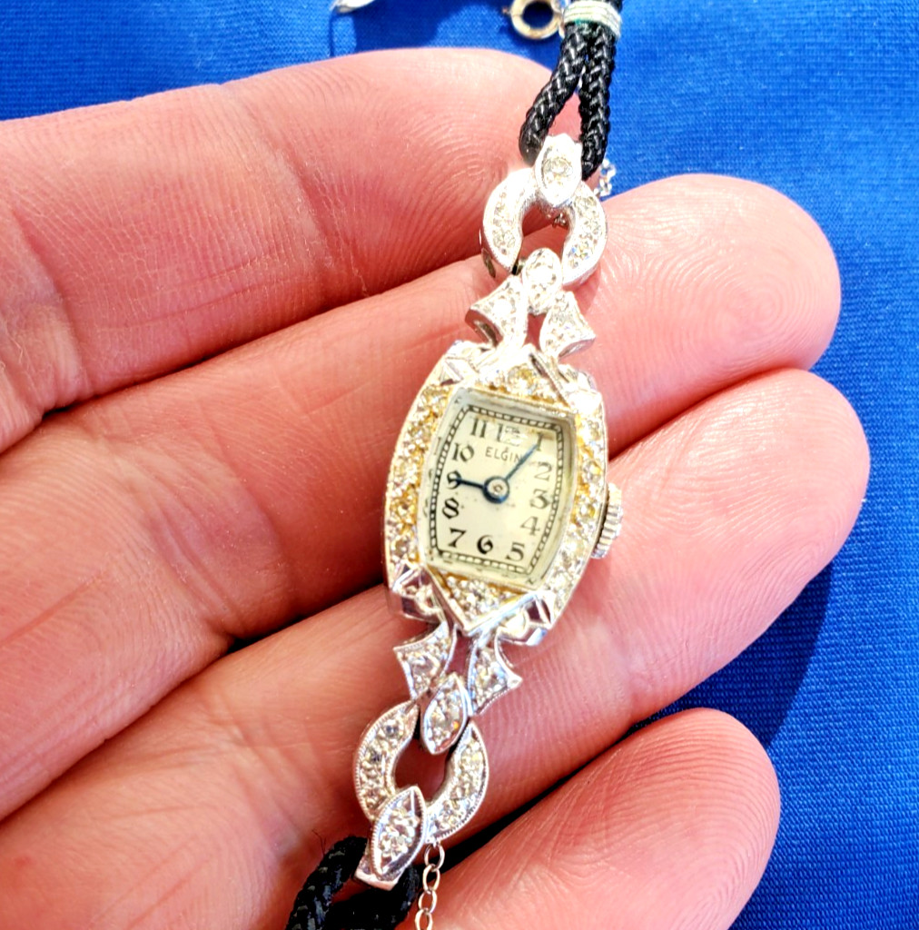 Original EARTH MINED DIAMOND Deco Elgin Watch Gatsby era Vintage PLATINUM Case