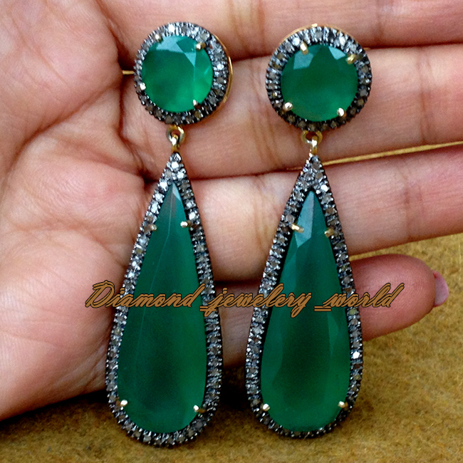 42.26ct Rose Cut Diamond Emerald Studded Silver Vintage Gorgeous Earring Jewelry