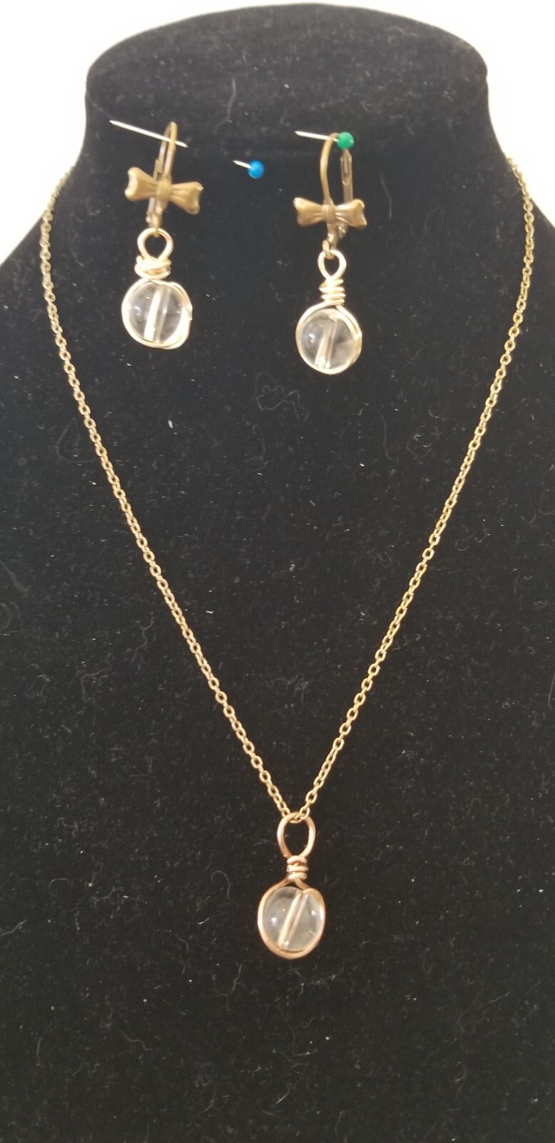 Vintage Elements 8mm Rock Quartz Victorian Necklace, Vtg. leverback earring set