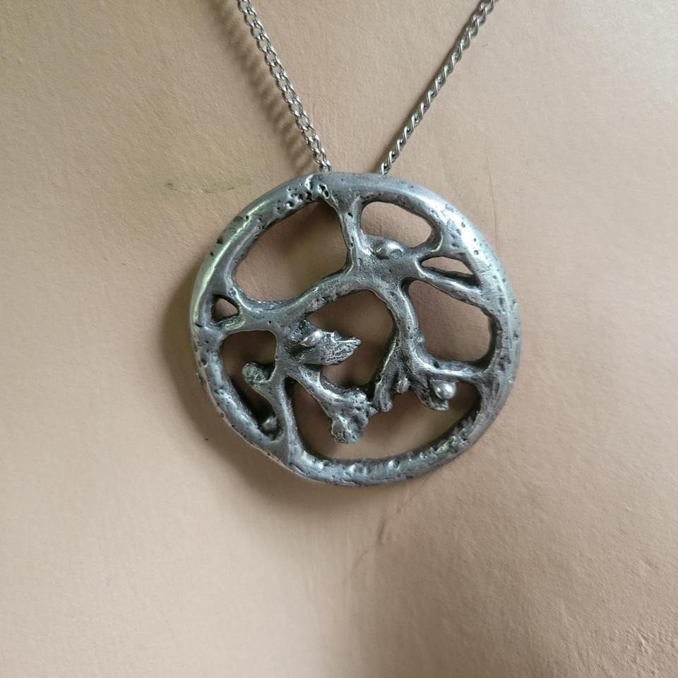 Vintage Brutalist Abstract Silver Tone Cast Branch Circle Pendant Necklace 70s