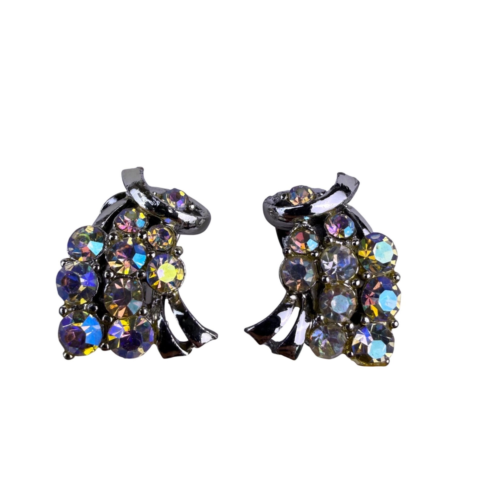 Vintage Womens Silver Tone Rhinestone Floral Brooch & Clip-On Earrings Set