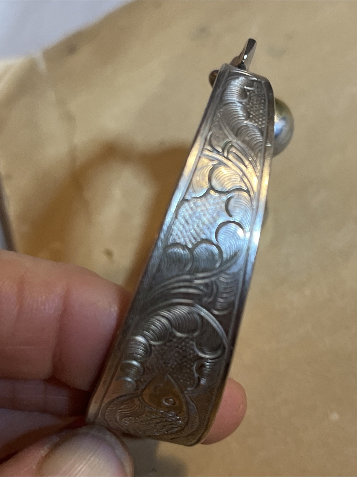 Vtg Unusual Engraved Fish & Waves Design Silver Cuff Bracelet Turn Tail Tips