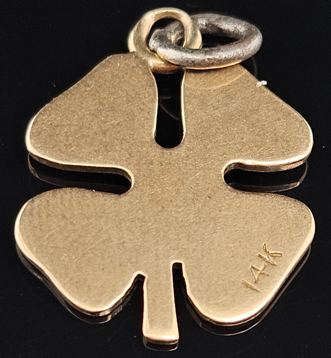 14K Gold LUCKY FOUR LEAF CLOVER Charm Pendant Luck Flower Irish Shamrock Vintage