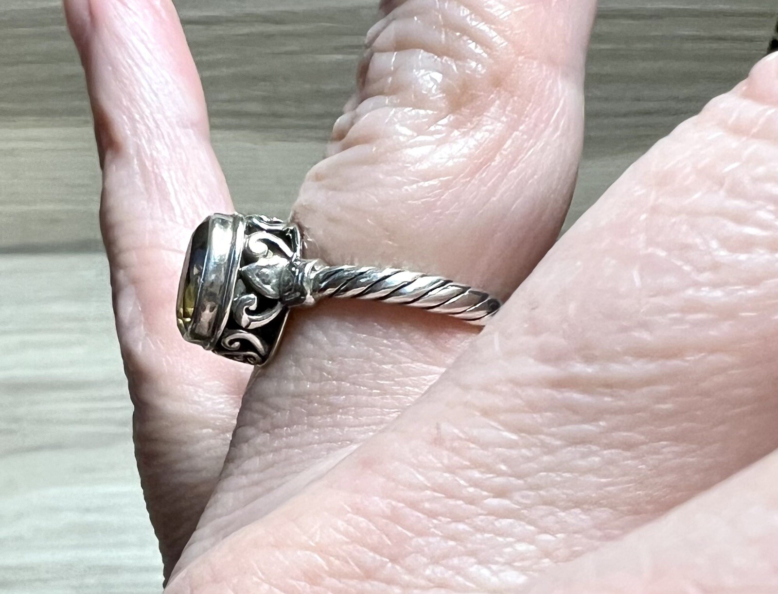 Vintage Designer Signed M ID Sterling Silver Twisted Cable Citrine Ring, Size 5
