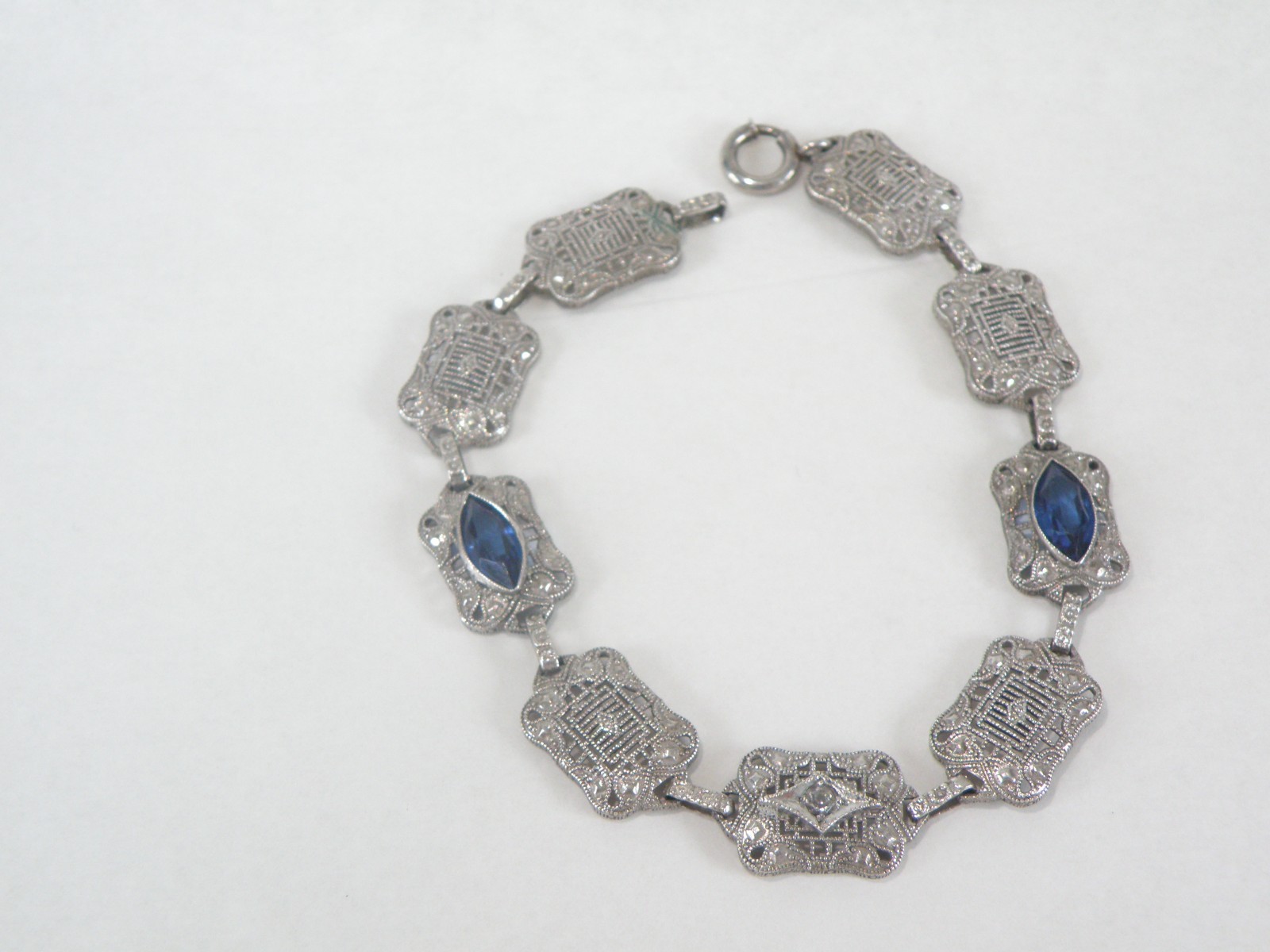 Art Deco Sterling Silver Sapphire Paste Filigree Station Antique Bracelet 7.5″