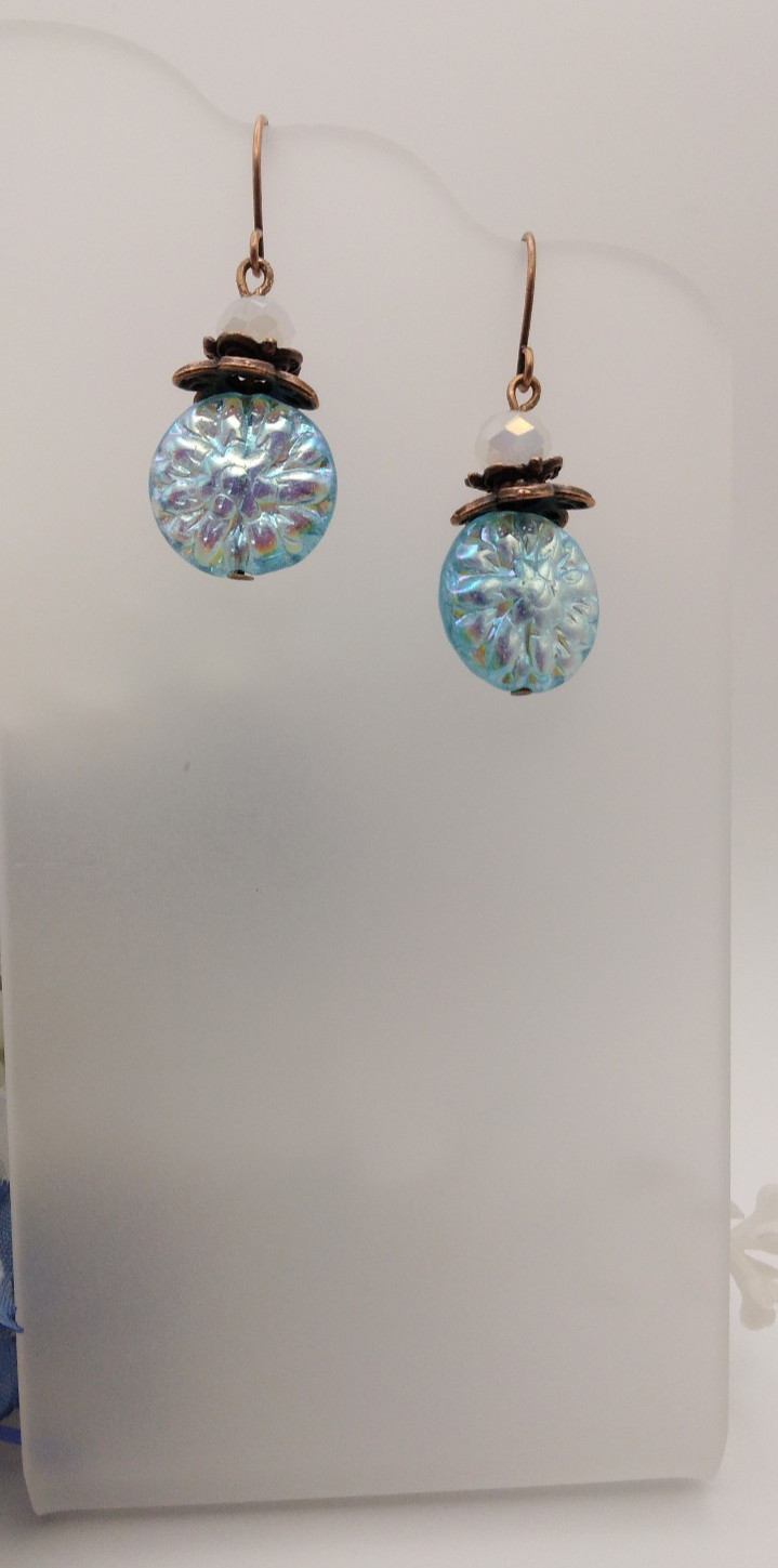 Aqua Dangle earrings Antique Copper Crystal NF Birthday Handmade Mothers Day
