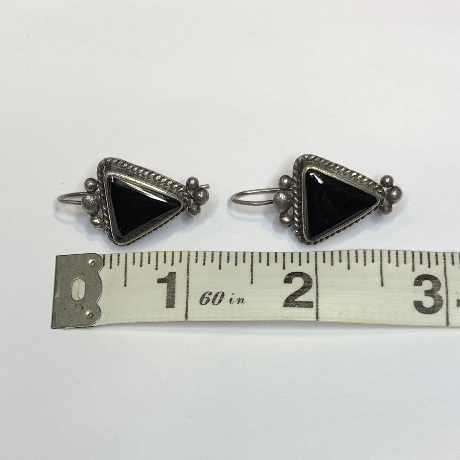 Vintage Handcrafted Sterling Silver Black Onyx Hook Earrings Southwest