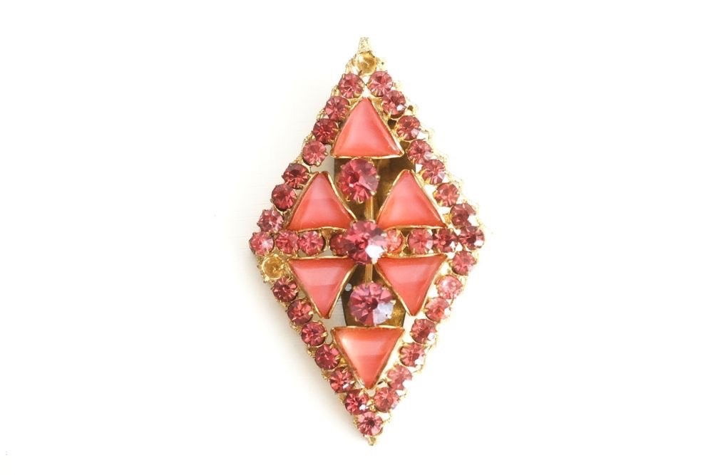 Vintage brooch Gablonz rhinestone pink glass stones gold-plated 5.5 cm.
