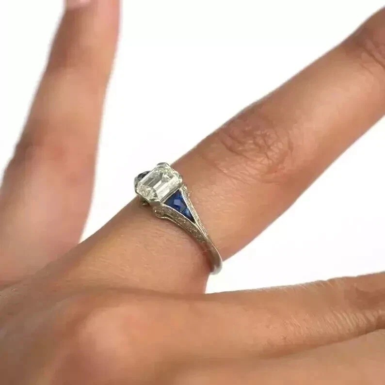 Art Deco Style Emerald Cut Lab Created Diamond Engagement 14K White Gold FN Ring